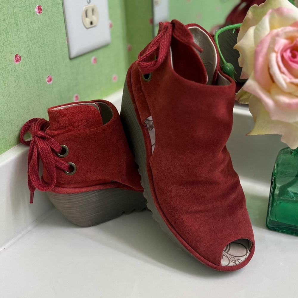 Red Suede Peep Toe Wedge Sandals